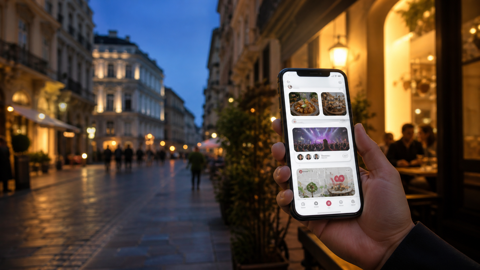 Persona che usa Qivlo per scoprire attività, offerte ed eventi in una via italiana